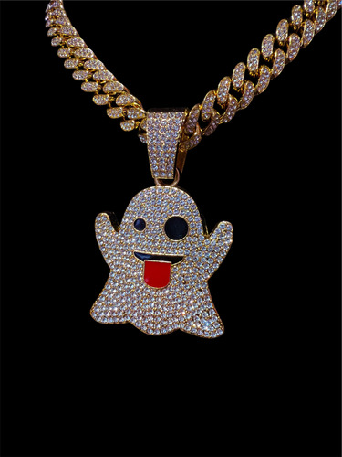 Collar Cubana Ice + Emoji Fantasma Ice Strass Simil Oro Trap Dorado