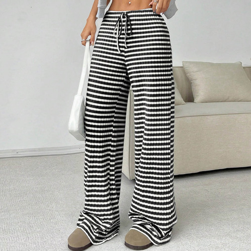 Calças Femininas, Moda Casual, Listrada, Elástica, Cordão, S