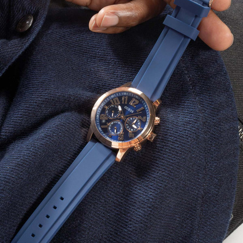 Reloj Guess Gw0729g3 Hombre Cronografo Malla Azul Bisel Bronce Fondo Azul