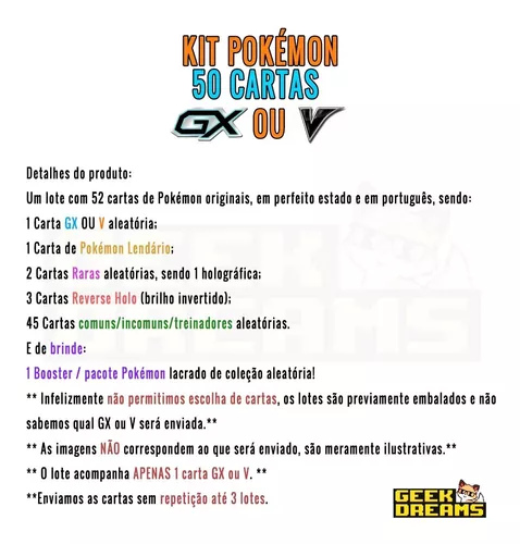 Kit Lote De 50 Cartas Pokémon + Gx + Lendário + Booster