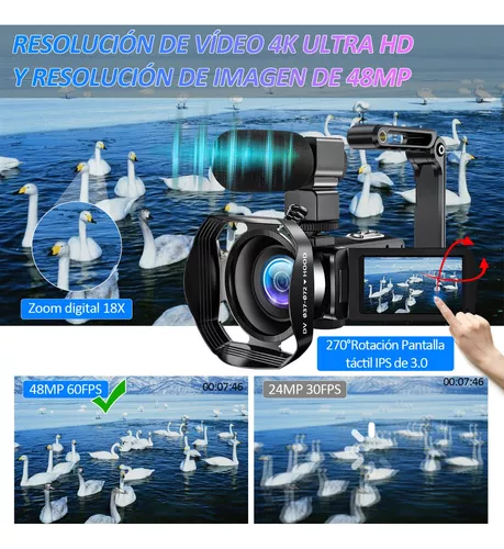 Videocámara de videocámara 4K Ultra 48MP IR de visión nocturna, videocámara  digital con zoom 18X, pantalla táctil de rotación de 3 pulgadas, cámara de