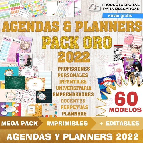 Imagen 1 de 9 de Kit Imprimible Agendas Y Planners 2022 Pack Oro + 60 Mod Sp