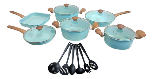 Bateria De Cocina Color Jade Con 17 Piezas De Cerámica Color Agua