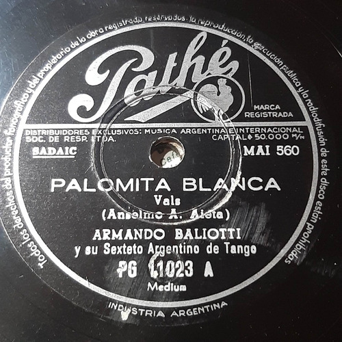 Pasta Armando Baliotti Sexteto Arg Tango Pathe C271