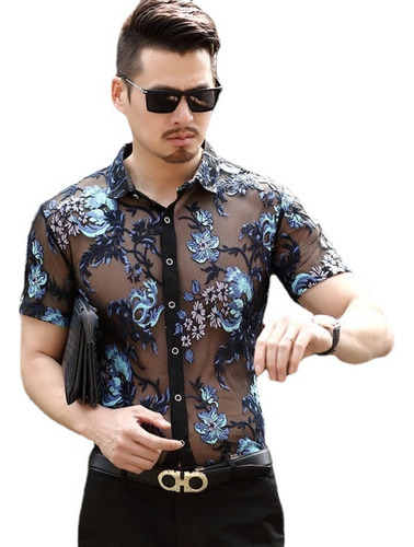 Camisa Masculina Transparente E Bordada, Camisa Curta Oca