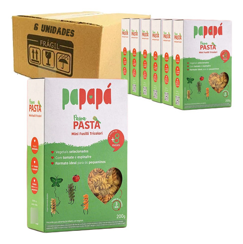 Kit C/ 6 Mini Fusilli Tricolori Com Vegetais Papapa 200g