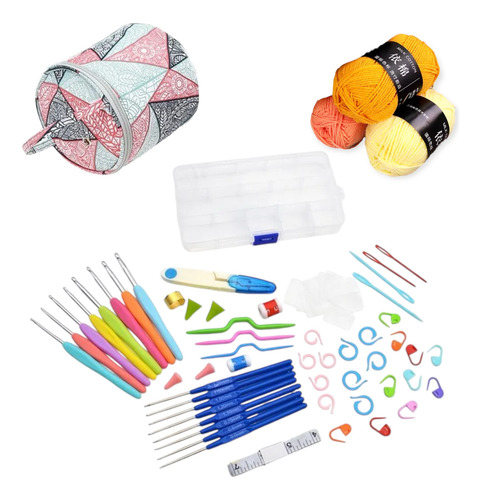 Set De Tejido Crochets Mas Bolsito Porta Ovillos Y Lanas 50g