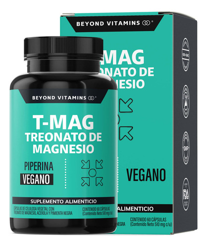T-mag L - Treonato Magnesio Magnesio Y Acerola Alta Absorción Con Piperina Al 95% Sin Azúcar Suplemento Alimenticio Vegano Beyond Vitamins 60 Cápsulas Sin sabor