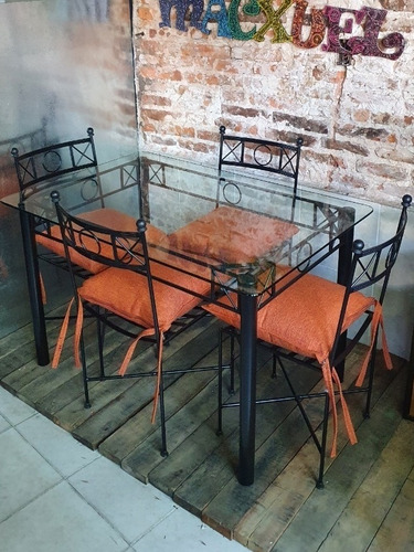 Imagen 5 de 7 de Mesa Comedor 120x80 + 4 Sillas Hierro Cristal 10mm Almohadon