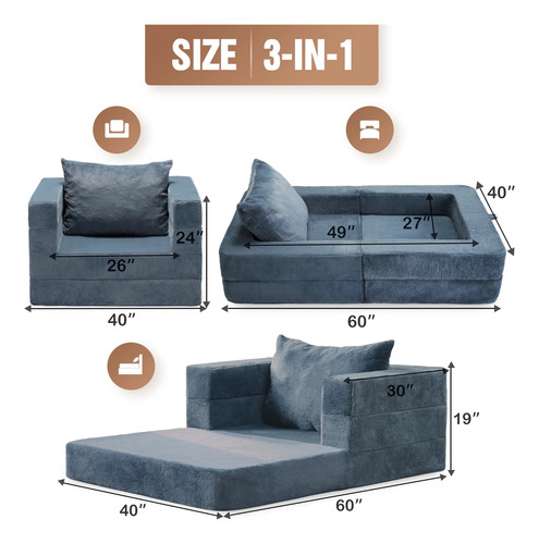 Sofá Cama Plegable Individual 3 En 1, Sillón Con Almohada