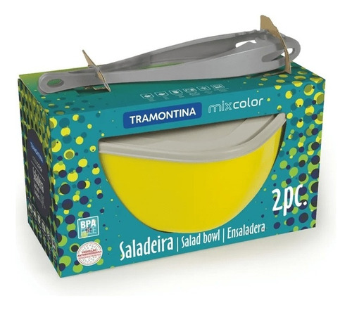 Ensaladera Bowl + Pinza Tramontina Tapa Microondas Freezer Color Amarillo