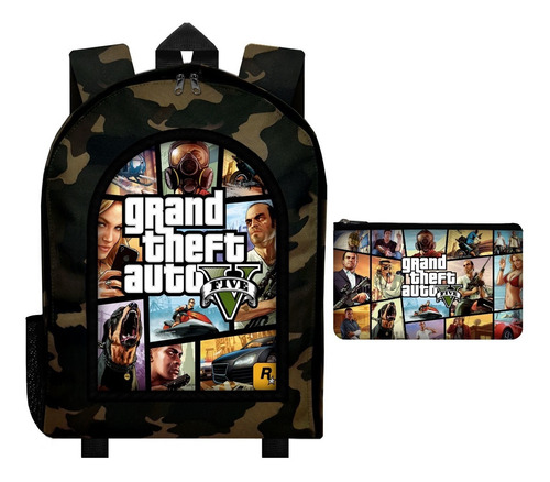 Combo Mochila Camuflada + Cartuchera Grand Theft Auto Gta