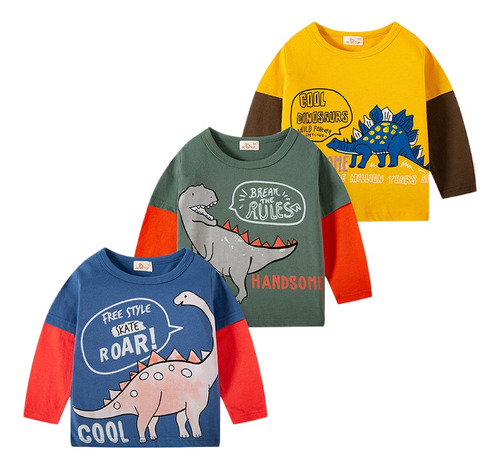 3pcs Niños Dinosaurio Manga Camiseta Otoño Nuevo