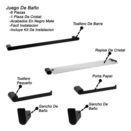 Juego De Baño Con Repisa De Vidrio Biselado Acabado Negro Mate Super Lujo