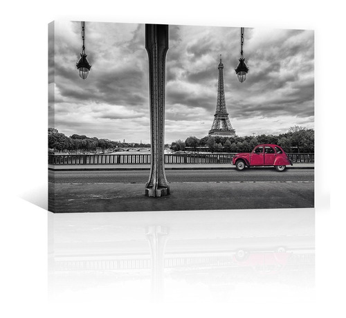 Cuadro Decorativo Francia Canvas Torre Eiffel Y  Auto Rojo