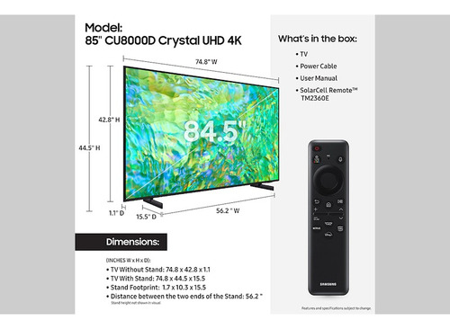 Pantalla Samsung Un85cu8000dxza 85 Crystal Uhd 4k Smart Tv (Reacondicionado)