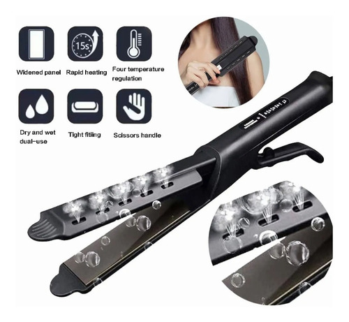 Plancha De Cabello Profesional Vapor Placas Cerámica Negro