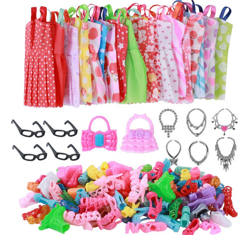 32 Piezas De Accesorios Para Muñecas, Ropa De Barbie, 10x Vestidos Lindos Mezclados, 10x Zapatos, 4x Gafas, 6x Collares, 2x Varitas