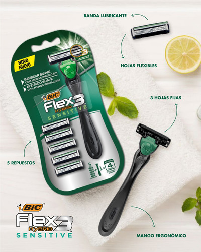 Maquina De Afeitar Bic Flex Hybrid Sensitive + 5 Repuestos