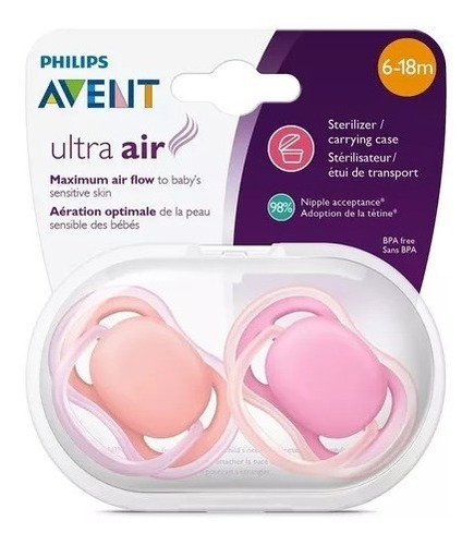 Chupetes Philips Avent Ultra Air 6-18m  Nena X 2 Lisos