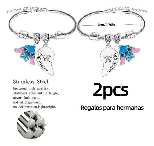 2pcs Pulseras De Mujer Jaysuing Acero Inoxidable Plata Regalo Stitch pulsera Plata Para Stitch Dije Ajustable Joyeria Mujer
