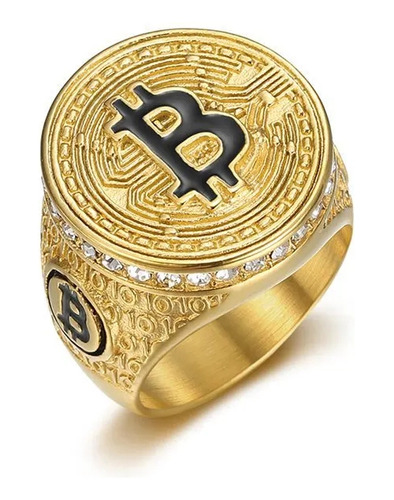 Anillo Acero Inoxidable Oro Laminado 18k Bitcoin Diamantado