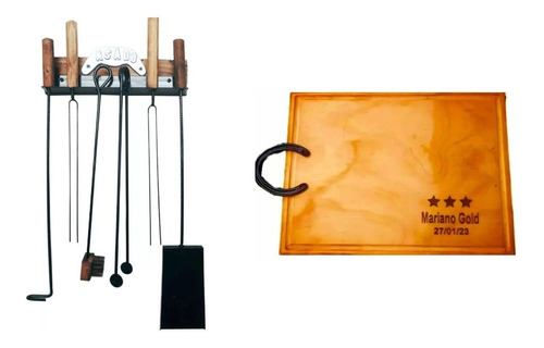 Set Parrilla Asador Tabla Madera 40x30 Logo Personalizado 