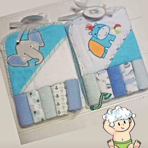 Set Toalla Con Capucha Bebe 5 Mas Toallitas Multiuso Baño