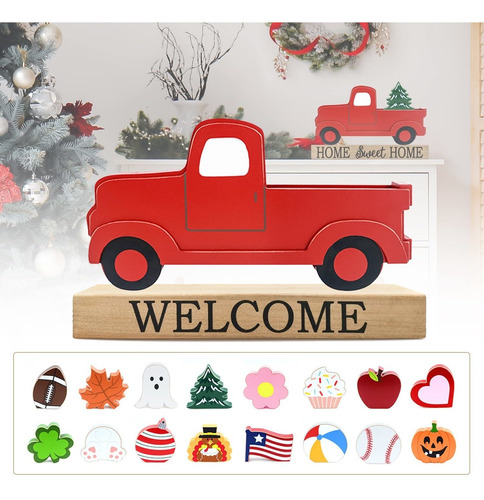 Winder Red Truck Decor Home Welcome Sign 2-side Wood Block S