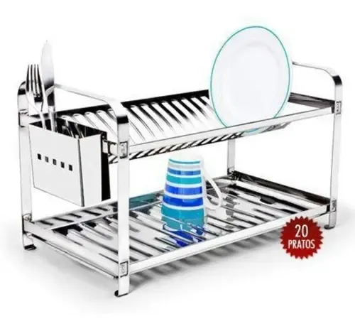 Escorredor De Pratos  Em Inox Fixo 20 Pratos C/ Porta-talher