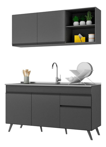 Armário De Cozinha Compacta 150cm Veneza Multimóveis V2079 Cor Preto