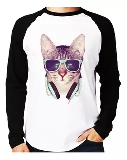 Camiseta Raglan Gato Headphone Longa