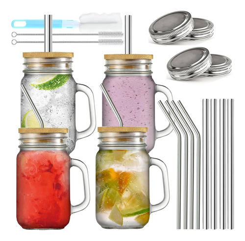 Juego De 4 Tarros De Vidrio Con Asa, Tarros Mason De 16 Oz C