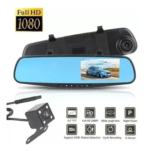 Espejo Retrovisor Dvr Universal 2 Camaras Delantera Reversa
