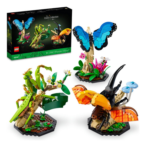 LEGO® Ideas Colección de Insectos set de construcción con modelos de exhibición de tamaño natural de una mariposa morfo azul, un escarabajo hércules y una mantis china 21342