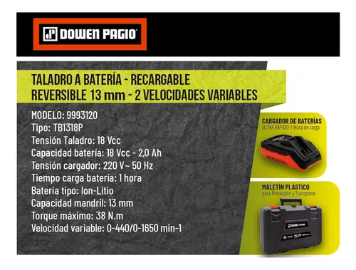 Taladro Atornillador Bateria 13mm 18v Dowen Pagio Maletin