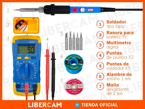 Imagen 7 de 10 de Kit Set Soldador Tester Cautin Multimetro Estaño 21 Piezas
