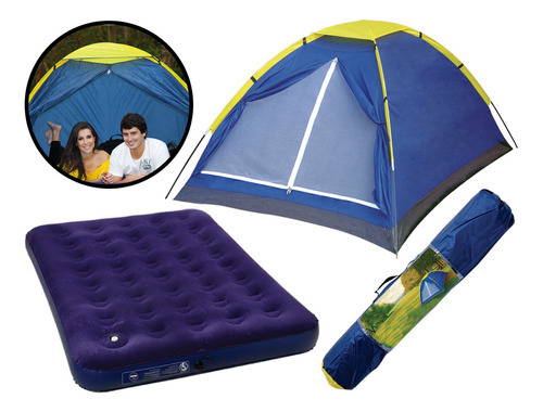 Barraca Iglu Camping 4 Pessoas + Colchão De Ar Casal Mor Cor Barraca Azul / Colchão Azul