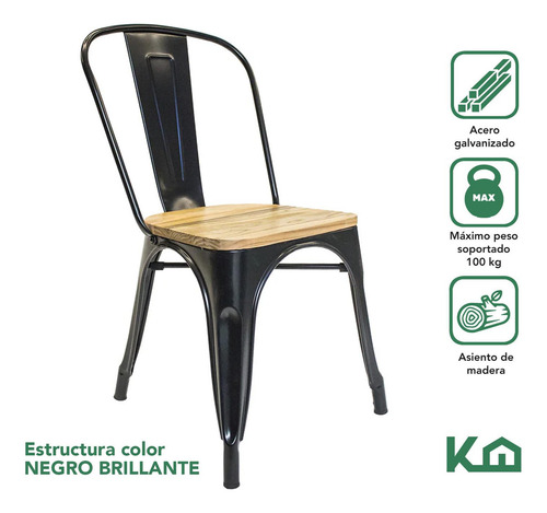 Silla Tolix Negro Mate Con Asiento De Madera Estructura Metálica Minimalista Exterior Interior Comoda Ergonomica Resistente Kingshouse