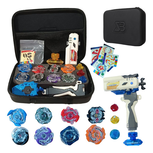 Kit 8 Beyblade Com Maleta 1 Lançador Grip Beyloger Luz E Som