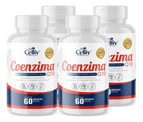 Kit Com 4 - Coenzima Q10 100mg Por Porção 60 Cápsulas Celliv