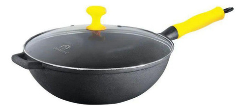 Panela Wok Ferro Fundido Tampa Vidro Cabo Silicone Amarela