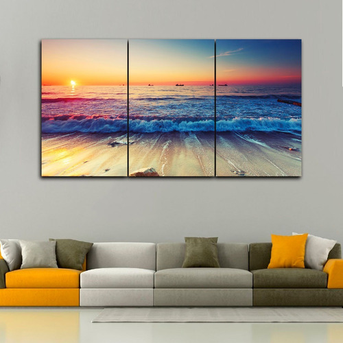 Cuadros Trípticos Paisaje Playa Atardecer Rosa (150x80 Cm)