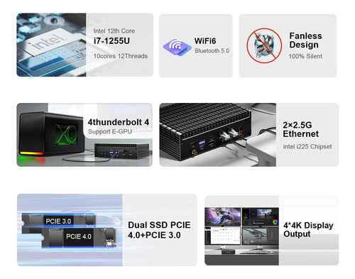 Mini Pc Fanless, Intel 12th Core Iu, 10 Corres 12 Threads, S