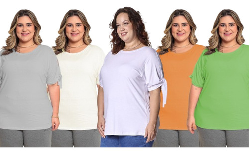 Kit 5 Camisetas Feminina Nó Na Manga Plus Size Básica Casual