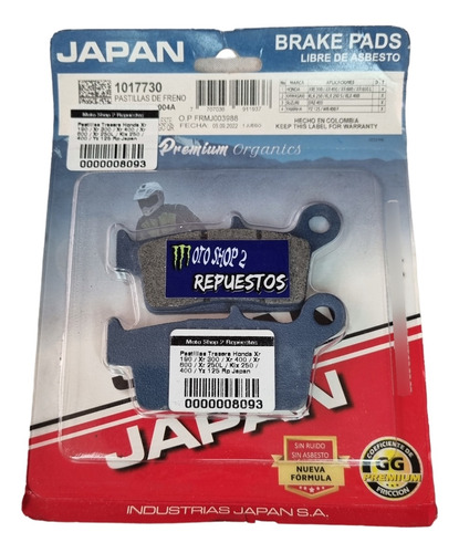 Pastillas Trasera Xr 190-300-400-600-250l  Yz 125 Japan