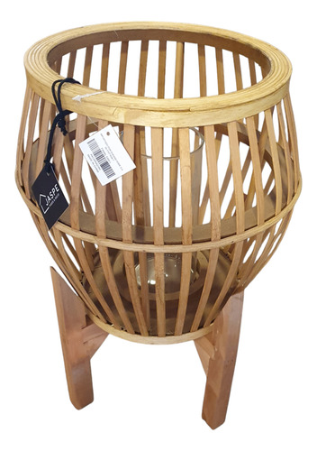 Fanal Decorativo Madera Y Fibras Naturales Porta Vela Vidrio