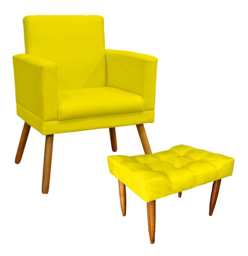 Kit Poltrona Decorativa Estela + Puff Requinte Suede Cores Cor Amarelo Desenho do tecido SUEDE LISO
