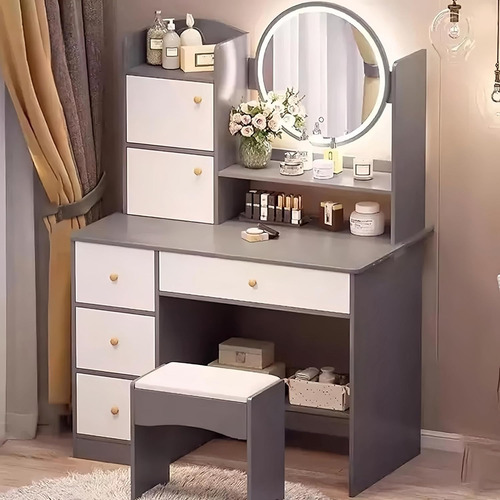 Tocador De Dormitorio Con Espejo De Maquillaje Y 6 Cajones Gris