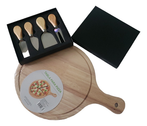 Set Tabla De Madera + 4 Cubiertos Para Queso Picada 